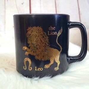 Vintage USA Made Black & Gold Leo Sign Astrology Astrological Glass Mug Cup ♌️